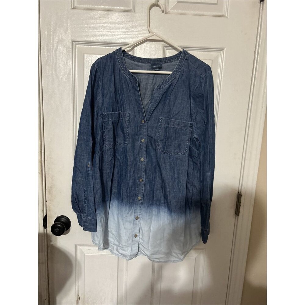 J Jill Denim Shirt Button Up Dip Dye Ombre Roll Tab Sleeve Cotton Tencell SIze L